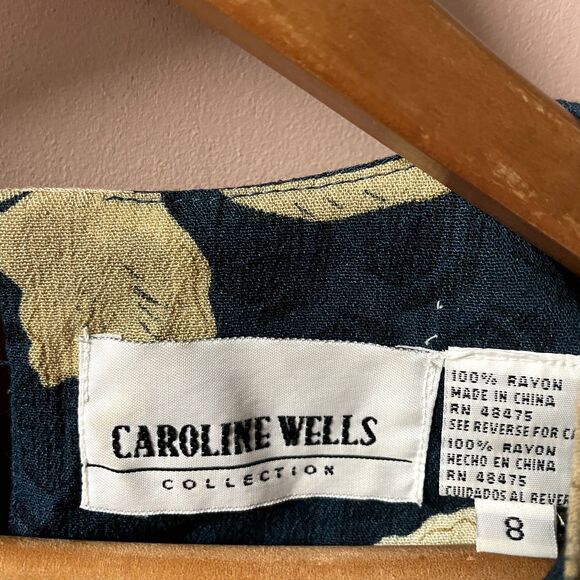 Vintage Caroline Wells Collection Dark Green & Beige Floral Maxi Dress Sz 8 EUC - Picture 4 of 9